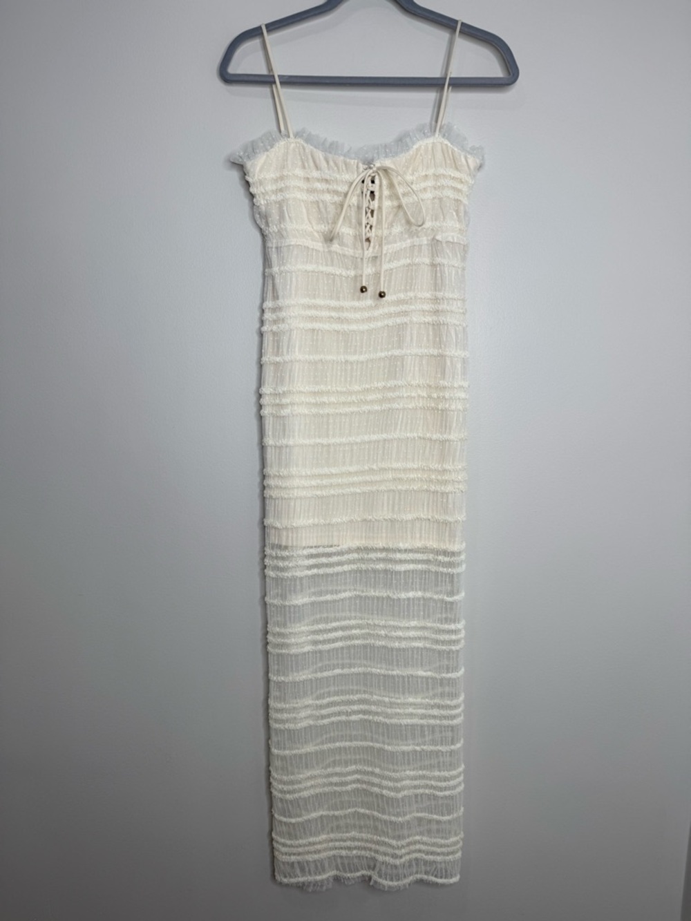 AKIRA Cream White Ruffle Coquette Sheer Lace Front Spgahetti Strap Maxi Dress L